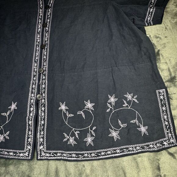 DressBarn Sz 24W SILK LINEN Blend Embroidered Short Sleeve Blouse Top Charcoal - Picture 3 of 14